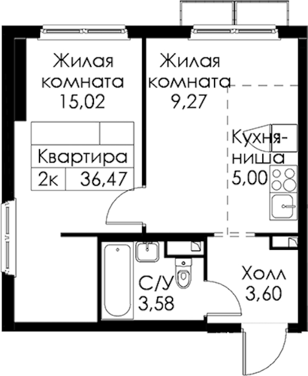 1-комнатная квартира 36.47 м², 2/15 эт., ЖК «Янинский лес»